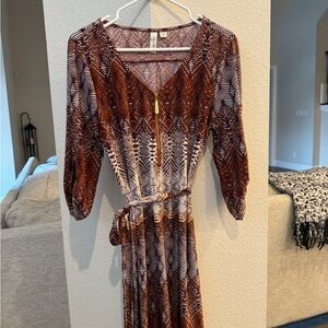 Tacera Brown and Cream V-Neck Dress with Bishop Sleeves